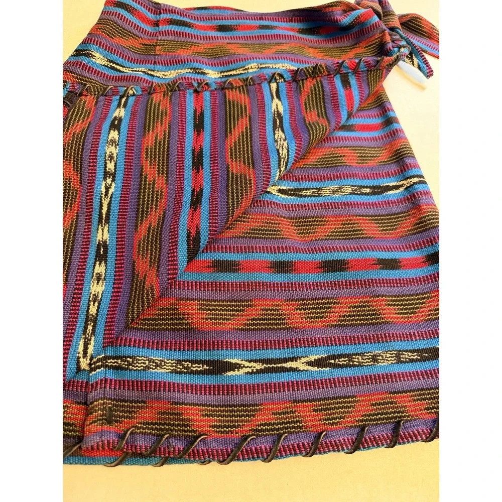 Vintage Neiman Marcus Size 6 Med Cotton Leather Aztec Wrap Skirt Boho USA Made